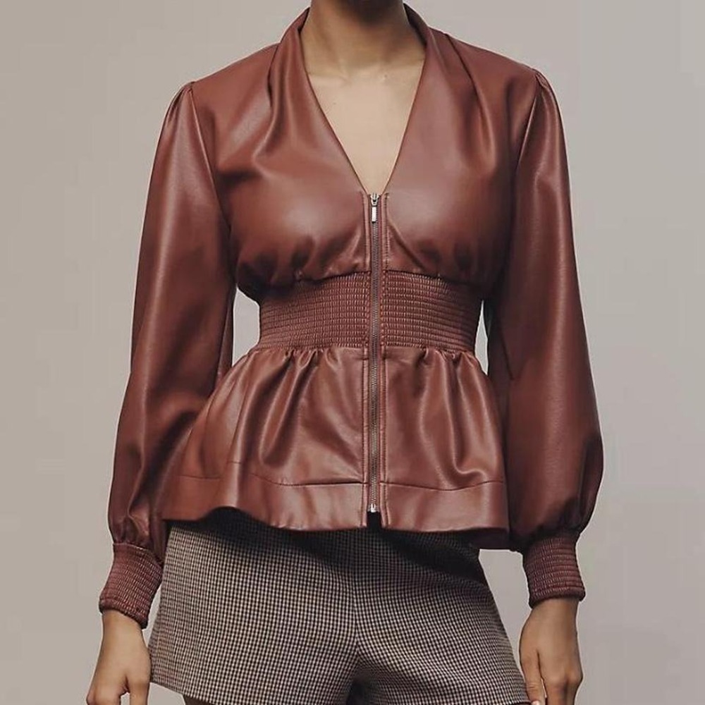 Tommie Long-Sleeve Faux Leather Smocked Front-Zip Blouse